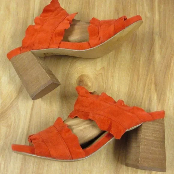 FREE PEOPLE Rosie Ruffle Heels Sz 38 Red Orange Slip On Slide Sandals Block Heel - Picture 1 of 12